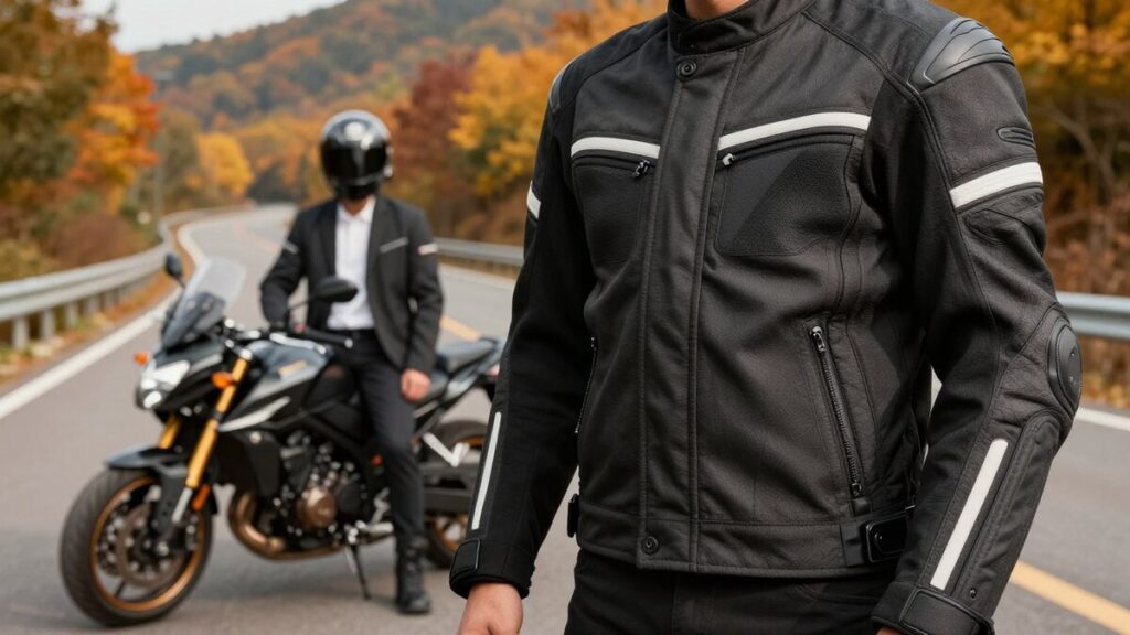 Motociclistas em pé e outro sentado na moto, usando jaquetas pretas.