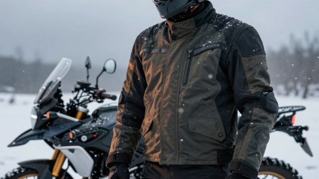 Motociclista na usando jaqueta no frio extremo.