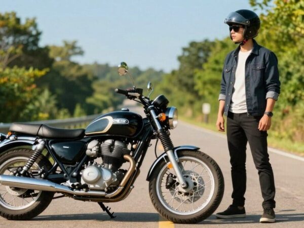 Moto e motociclista parados na estrada