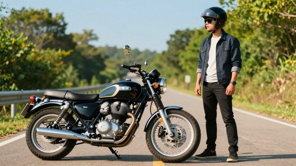 Moto e motociclista parados na estrada