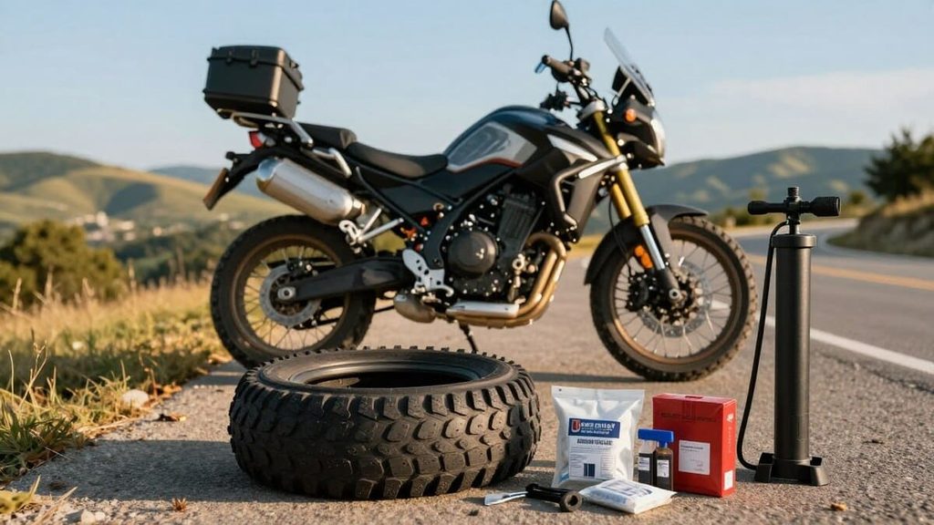 Moto parada com pneu furado.